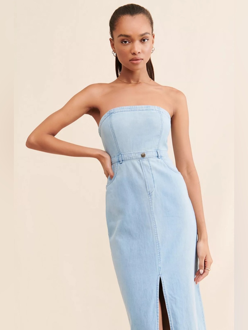 Free People Picture Perfect Strapless Light Blue Denim Midi Dress - Picture 4 of 4